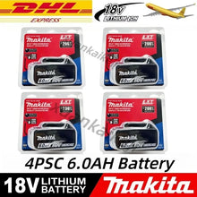 Makita 6.0Ah 18V battery pack detail, black and red capacity comparison