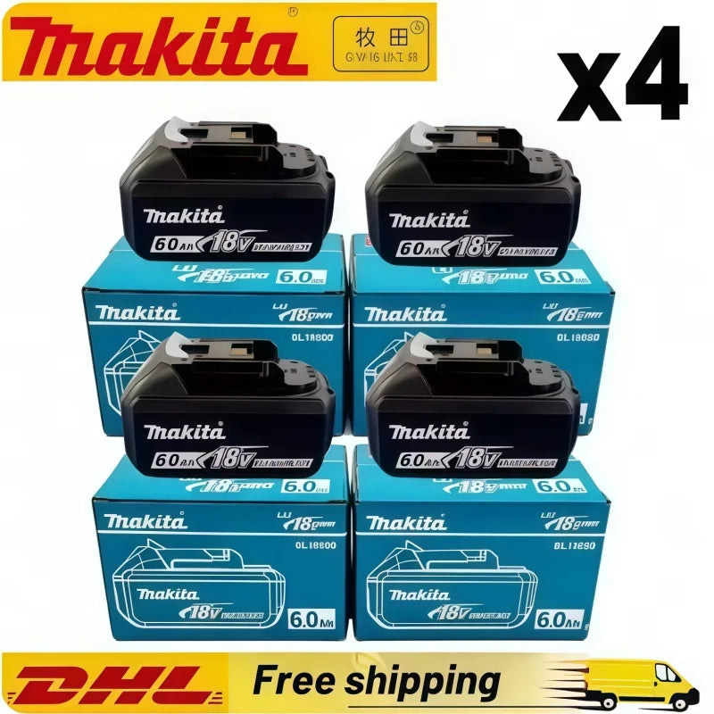 Makita 6.0Ah 18V battery packaging, black and blue four-battery set