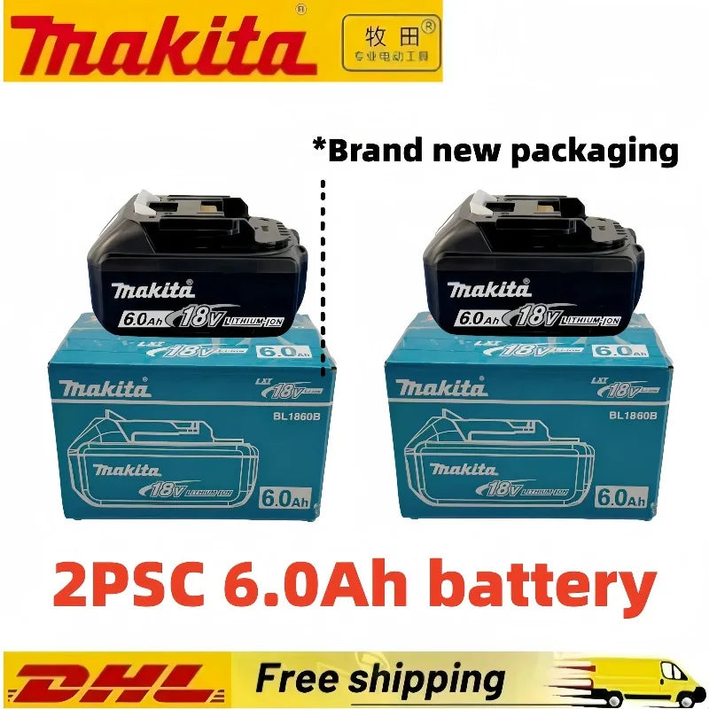 Makita 6.0Ah 18V battery packaging, blue and black, front view