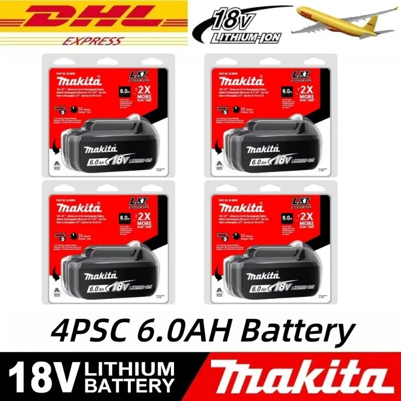 Makita 6.0Ah 18V battery set packaging, four batteries, black and red