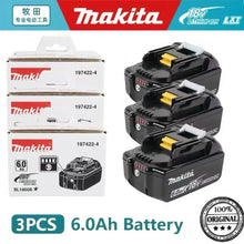 Makita 6.0Ah 18V battery set packaging, three batteries, black and red