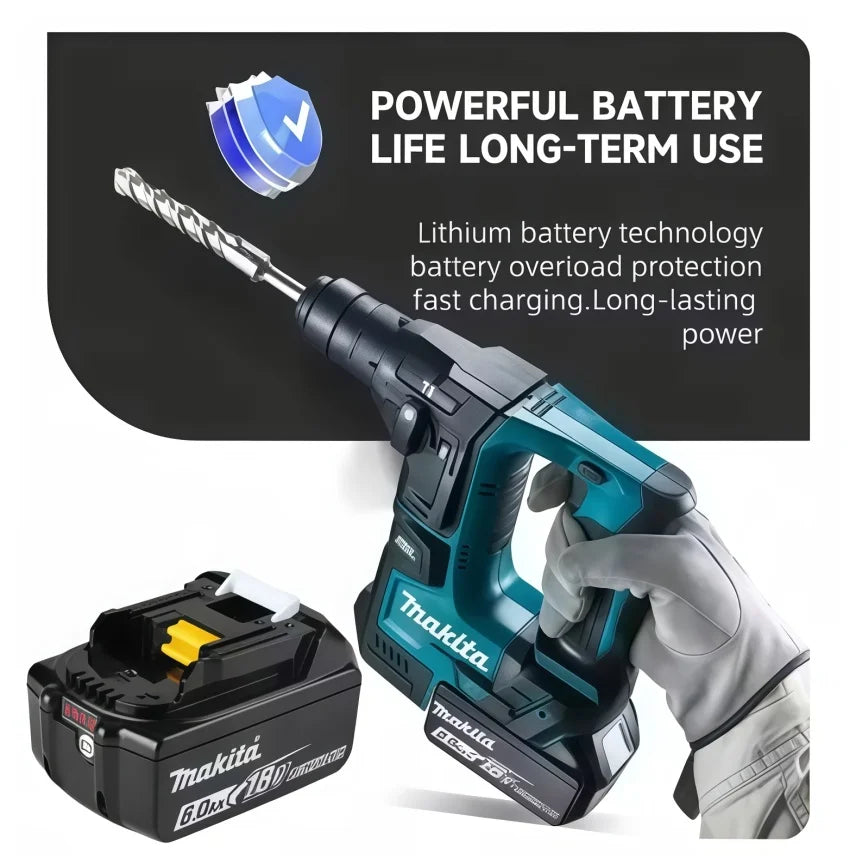 Makita 18V 6.0Ah battery powering tool, black and teal close-up