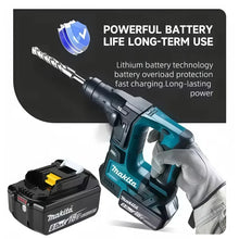 Makita 18V 6.0Ah battery powering tool, black and teal close-up