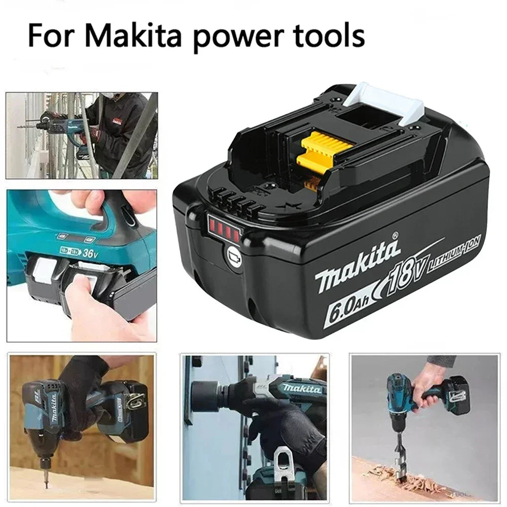Makita 18V BL1820B battery used with tools, lifestyle demonstration collage