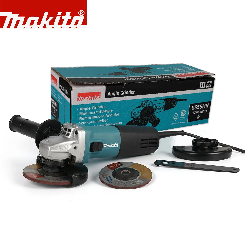 Makita 9555HN front view, angle grinder kit packaging with discs and manual