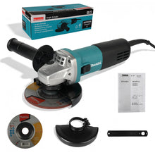 Makita 9555HN packaging shot, angle grinder kit box with accessories