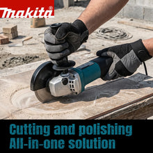 Makita 9555HN detail view, safety guard and discs on angle grinder
