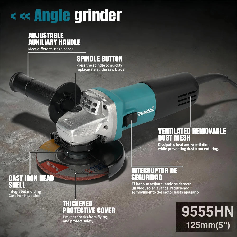 Makita 9555HN close-up detail, compact slide switch and safety guard