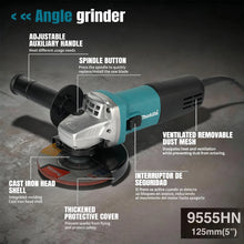Makita 9555HN close-up detail, compact slide switch and safety guard