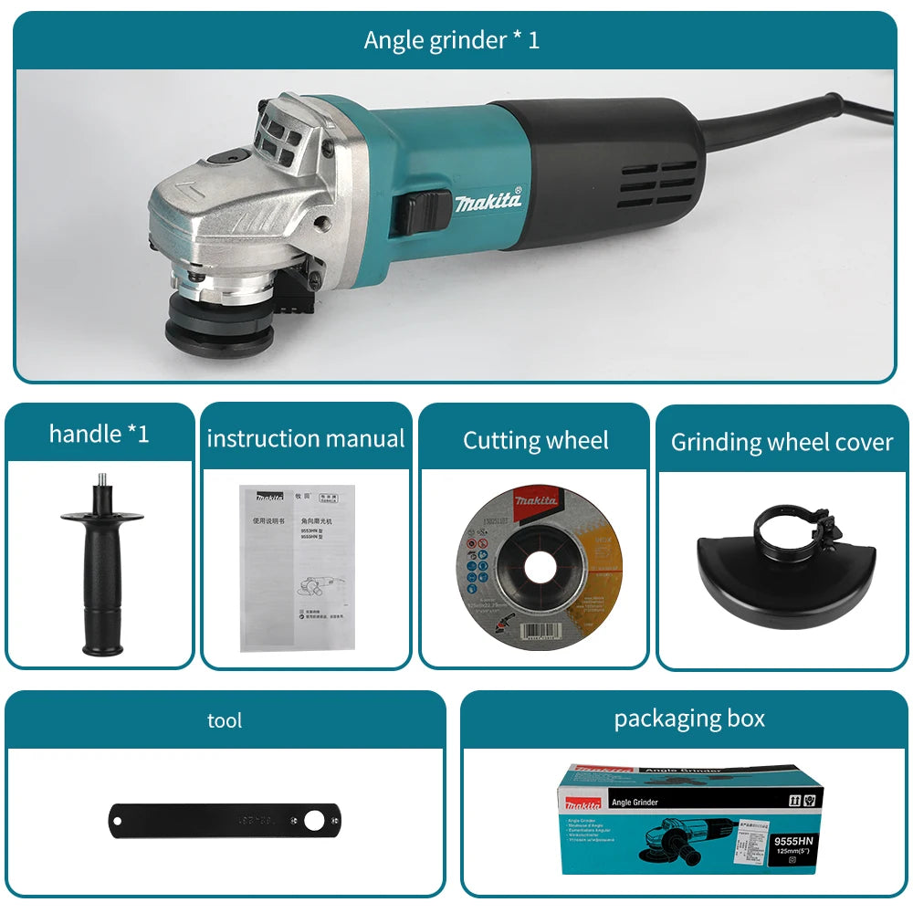Makita 9555HN packaging shot, attachments and user manual in box