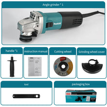 Makita 9555HN packaging shot, attachments and user manual in box