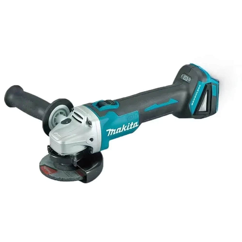 Makita DGA404 front view, cordless angle grinder with safety guard