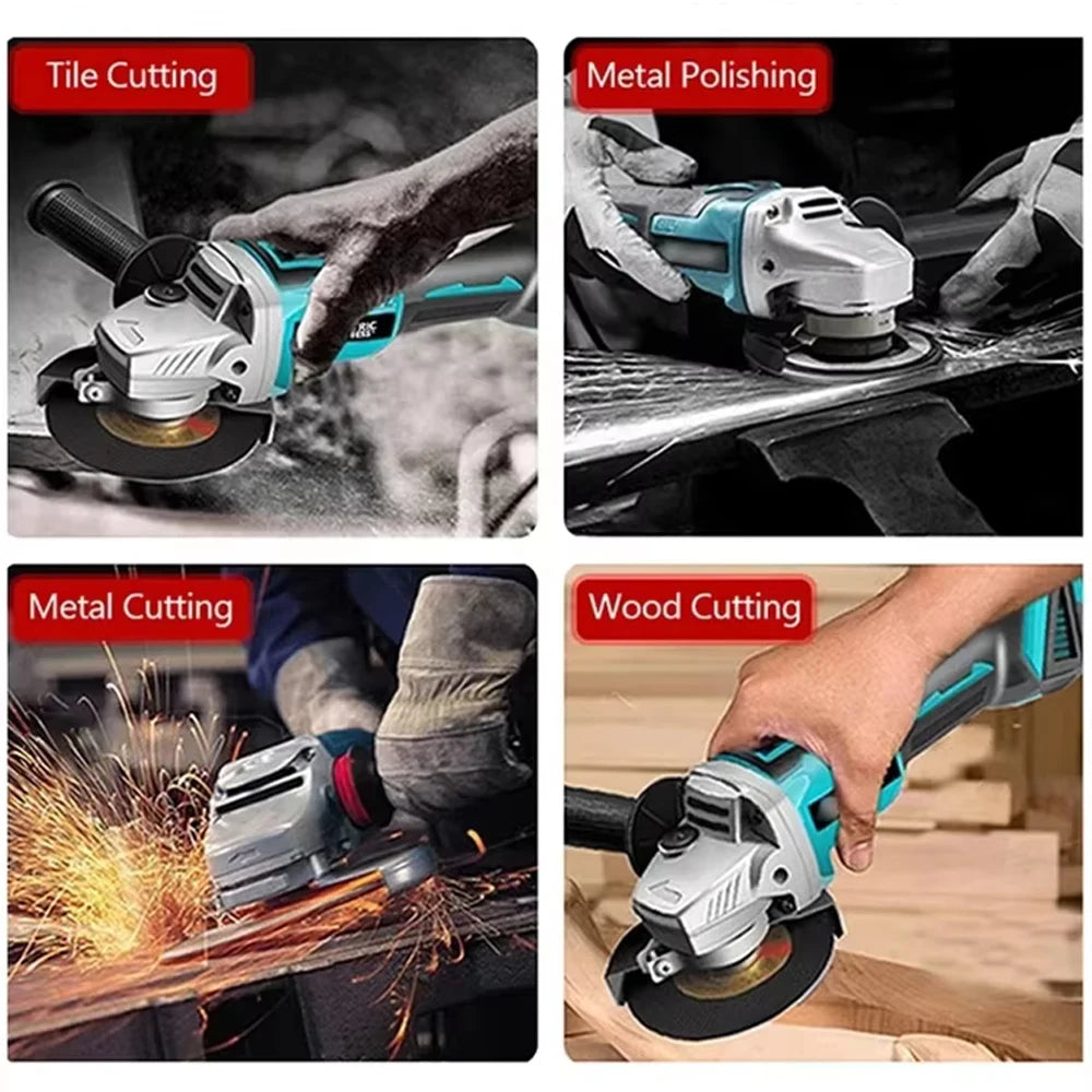 Makita DGA404 in-use lifestyle, cordless angle grinder cutting materials