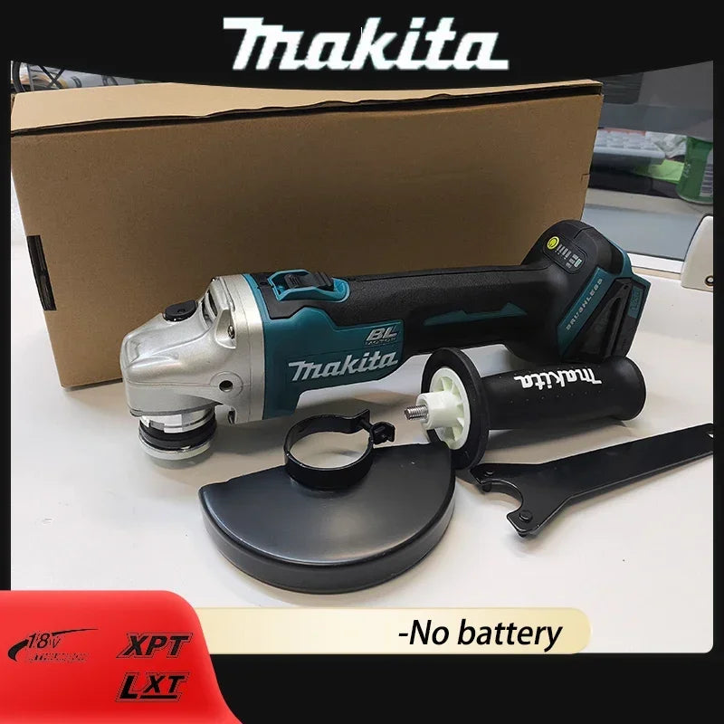 Makita DGA404 lifestyle shot, cordless 18V angle grinder in black/blue