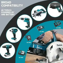Makita 5Ah 18V battery compatibility overview, blue and black product models