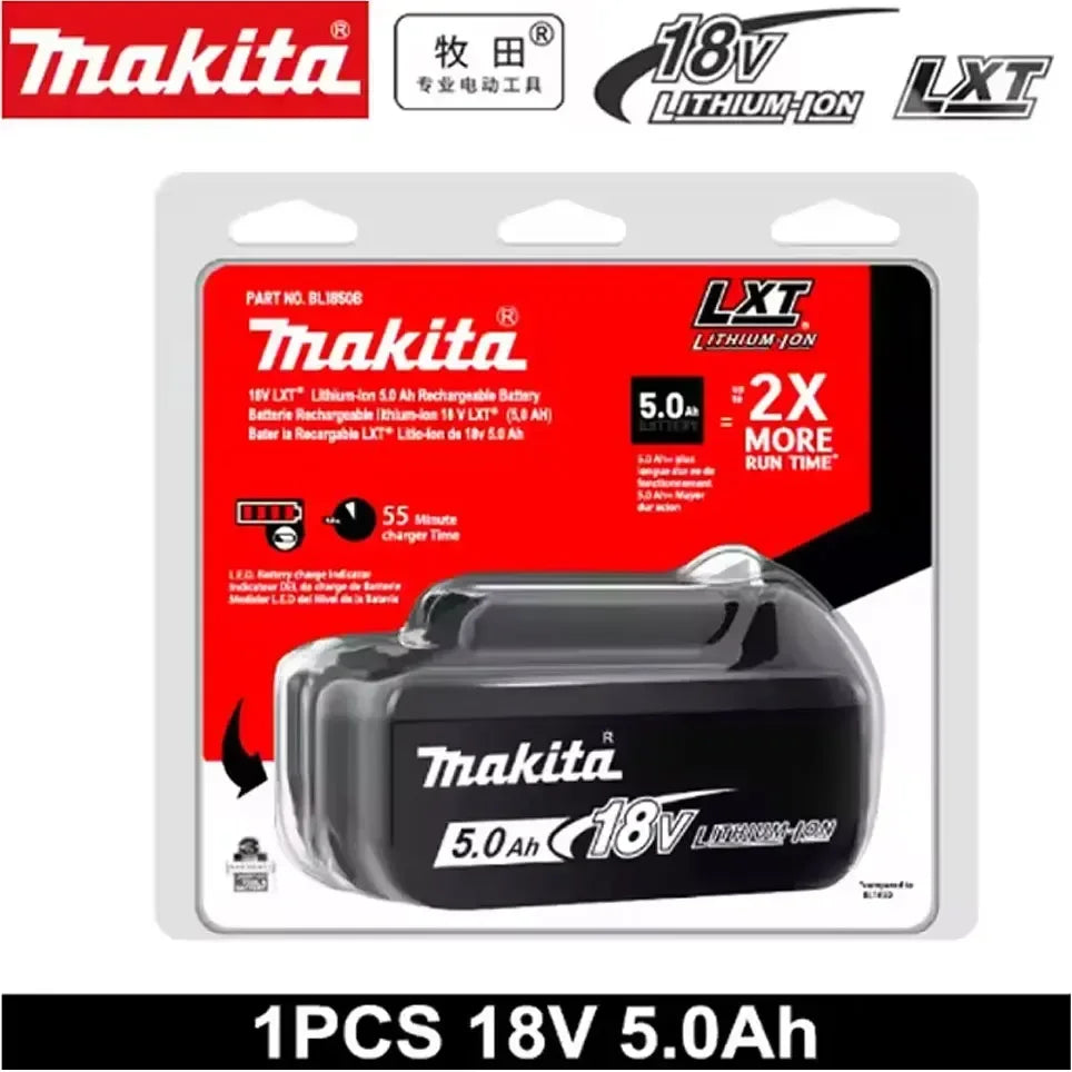Makita 5Ah 18V battery pack packaging, red and black box with one battery