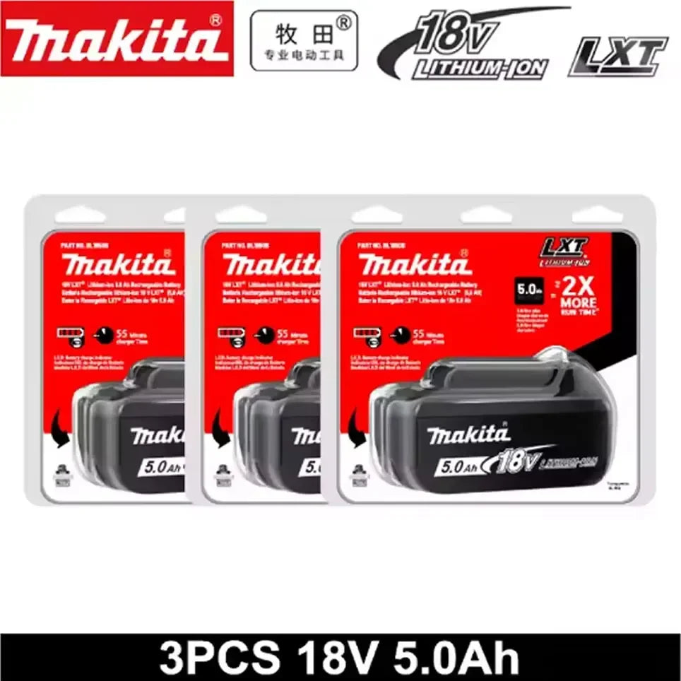 Makita 5Ah 18V battery pack packaging, red and black box with three batteries
