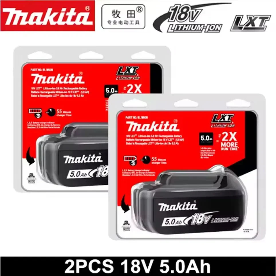 Makita 5Ah 18V battery pack packaging, red and black box with multiple batteries