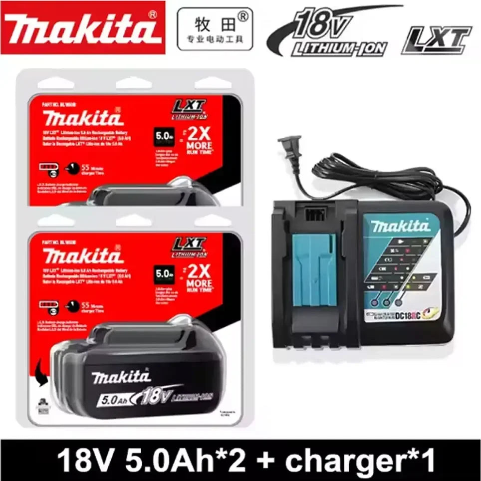 Makita 5Ah 18V battery set packaging, red and black box on white background
