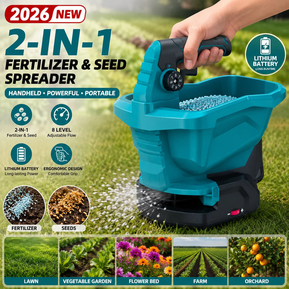 Cordless electric spreader in use, turquoise and black portable design