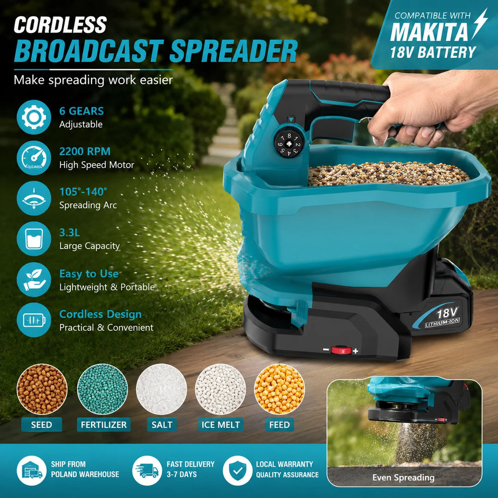 Cordless electric spreader packaging, turquoise and black handheld design