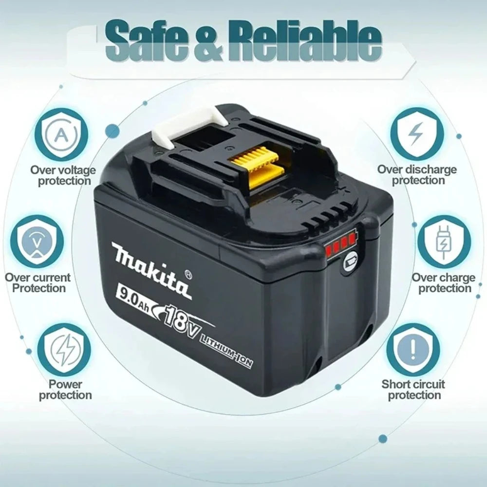 Makita 9.0Ah battery detail close-up with LED indicator, black and yellow