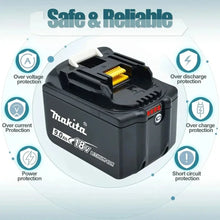 Makita 9.0Ah battery detail close-up with LED indicator, black and yellow