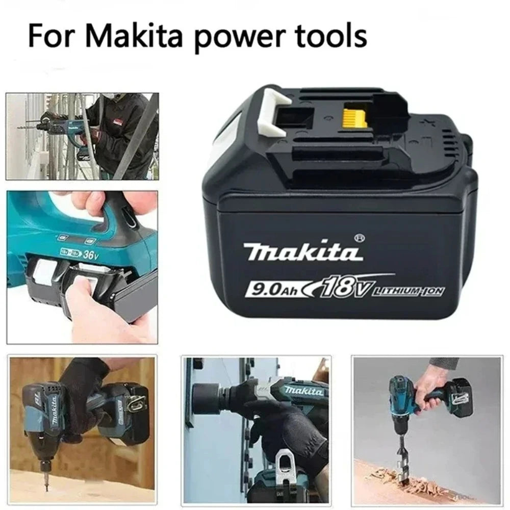 Makita 9.0Ah battery performance detail, blue and black safety features