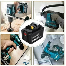 Cordless drill lifestyle with Makita battery pack, black and blue