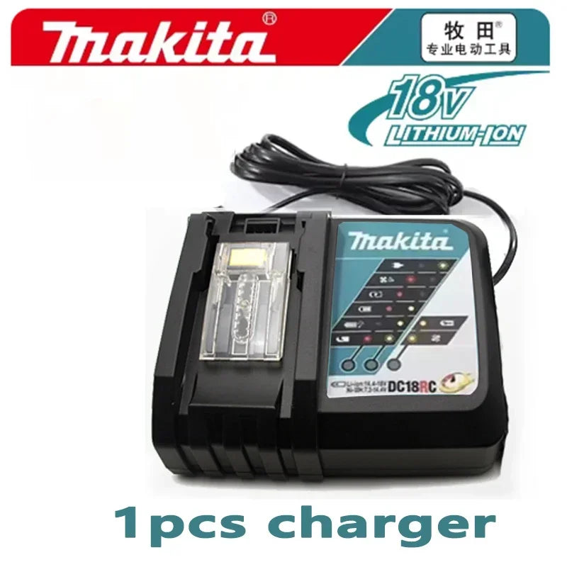 Makita battery charger front view with LED indicator, black and blue