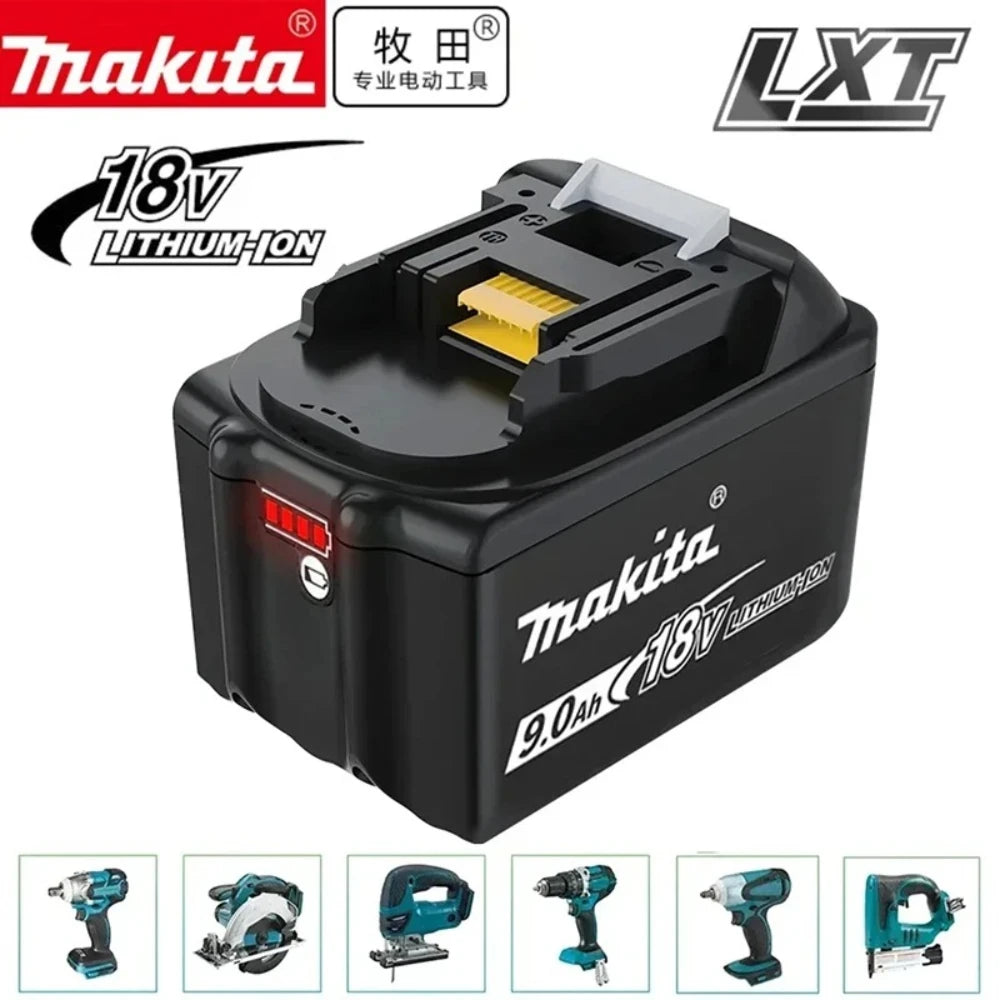 Makita 9.0Ah battery front view, black and yellow LXT pack