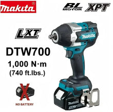 Makita DTW700 packaging with model DTW700, red and blue on box
