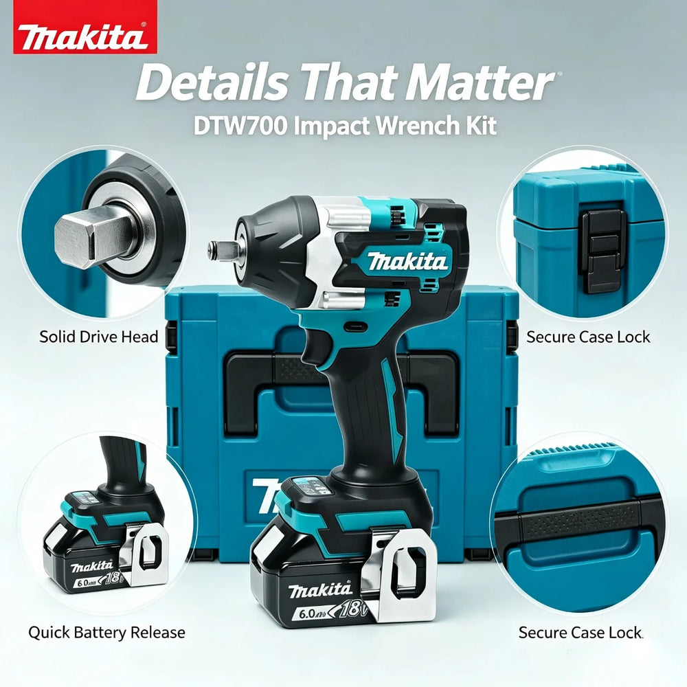 Makita DTW700 kit packaging, blue and black box front