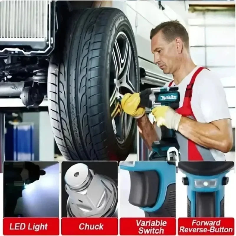 Makita DTW700 in workshop, person using blue-black impact wrench
