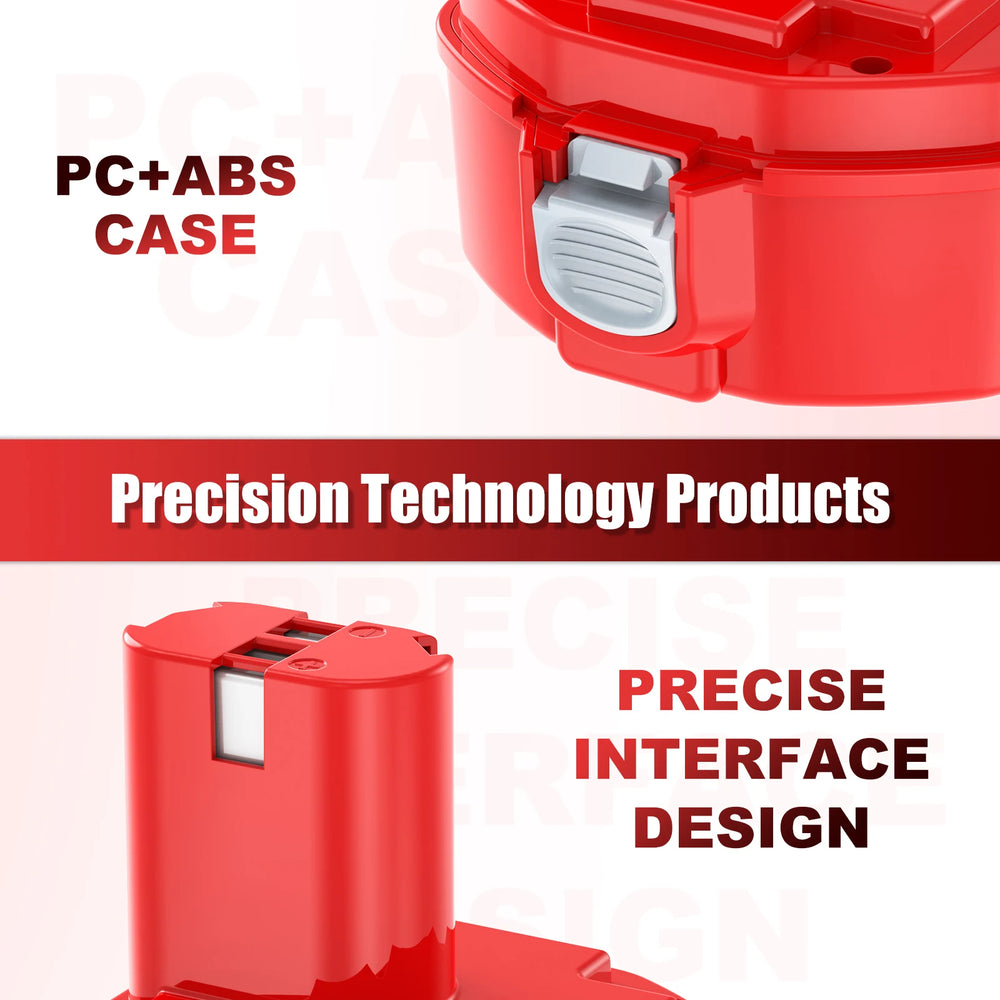 Makita PA14 14.4V red battery pack detail, PC+ABS case close-up