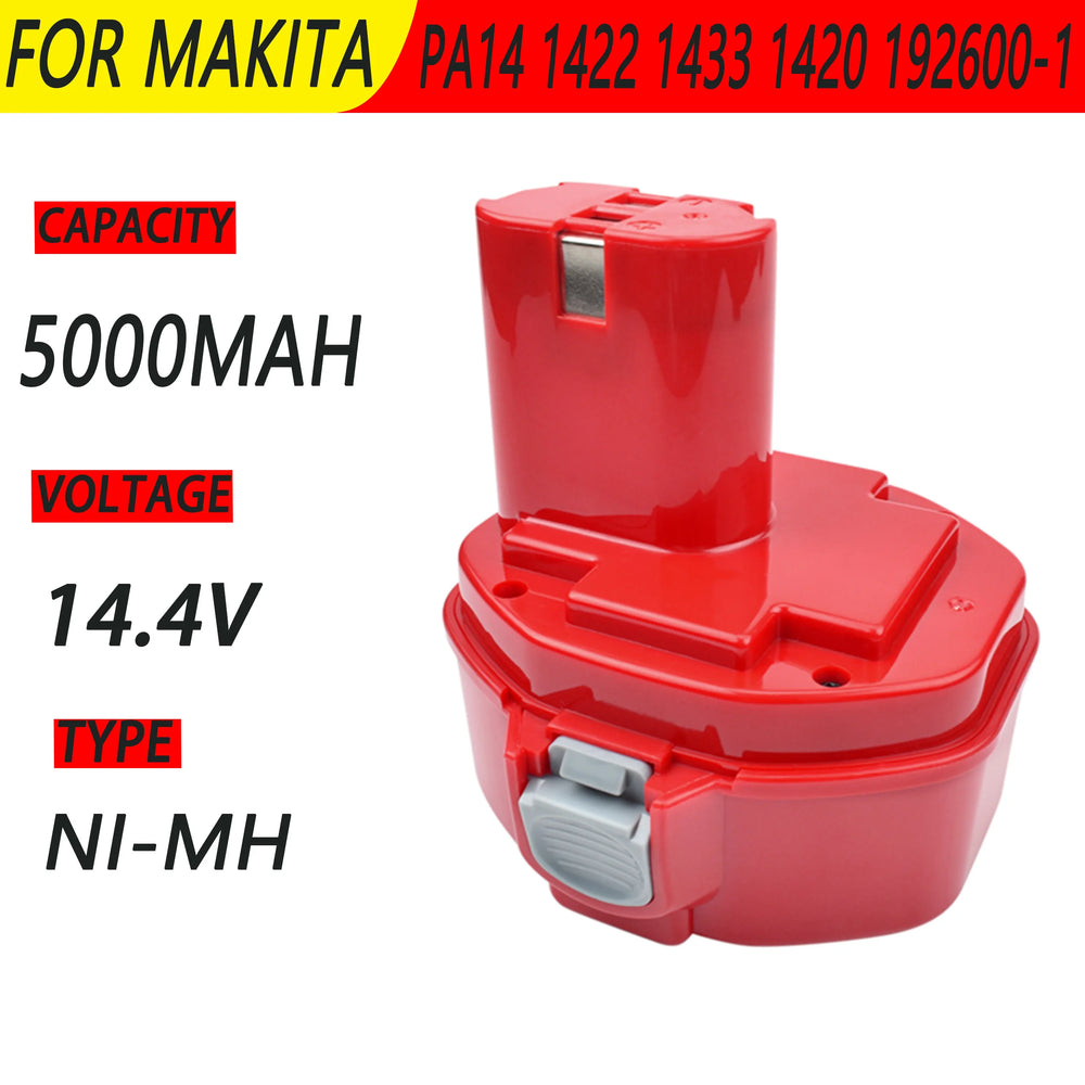 Makita PA14 14.4V red battery pack detail close-up, 5000mAh NI-MH