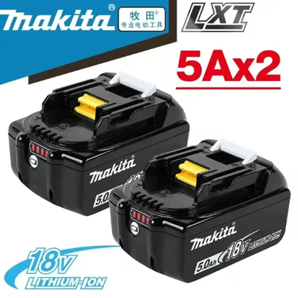 Two Makita 18V 5Ah batteries detail, black and blue