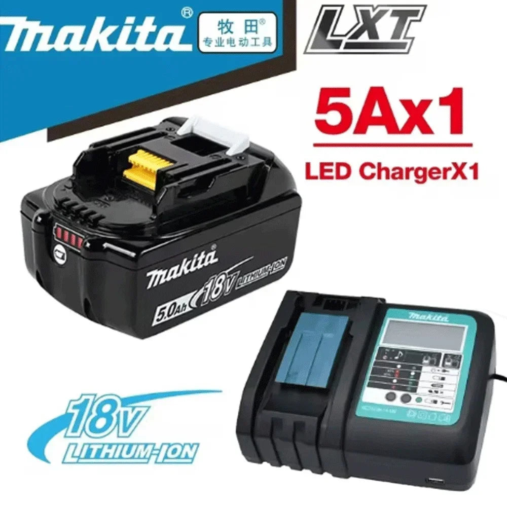 Makita 18V 5Ah battery and charger detail, black and blue