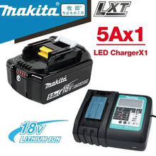Makita 18V 5Ah battery and charger detail, black and blue