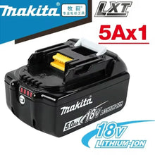 Makita 18V 5Ah lithium battery detail, black yellow and blue