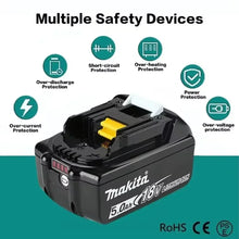 Makita 18V battery safety devices packaging in black, yellow, and green
