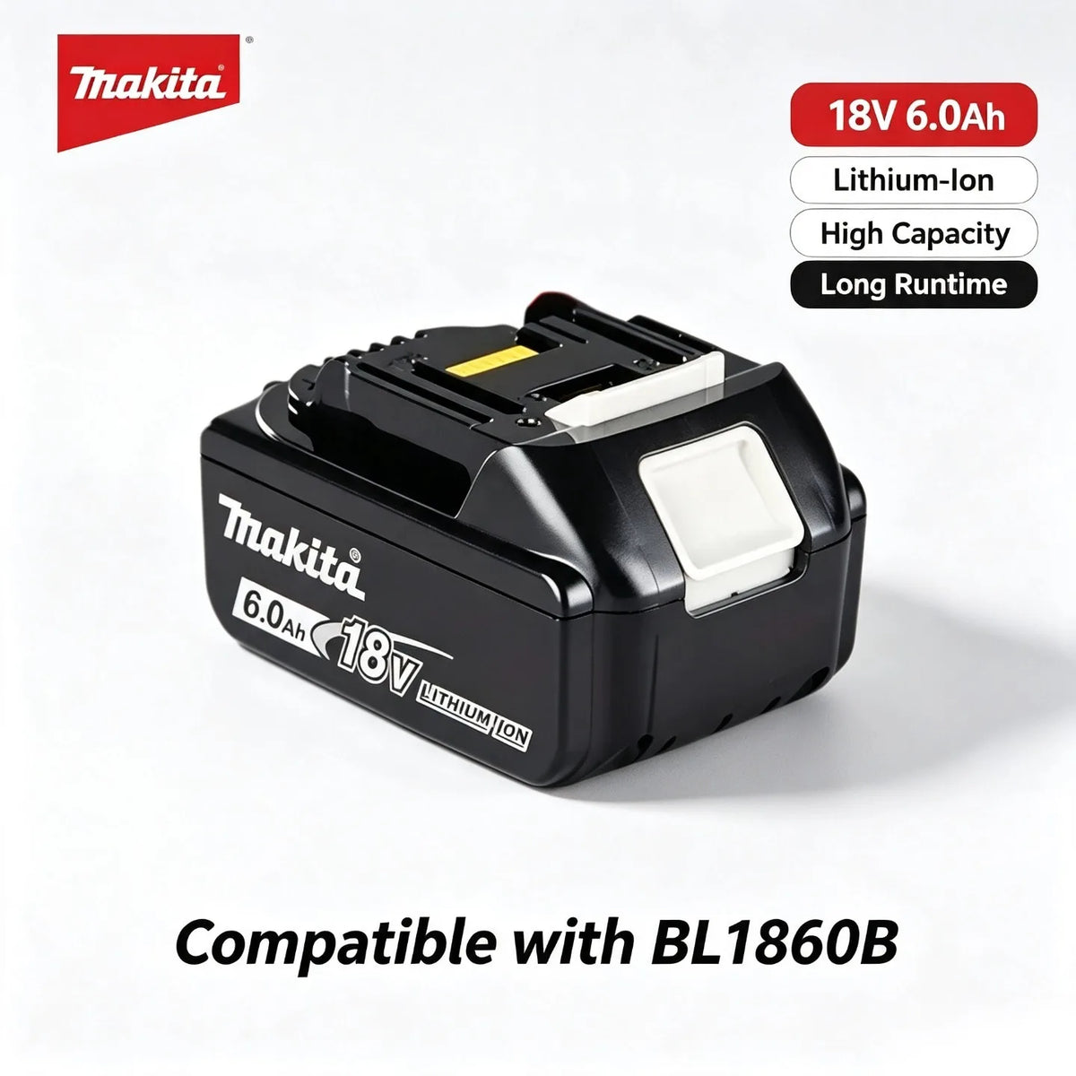 Makita BL1860B black battery front view with LED power indicator