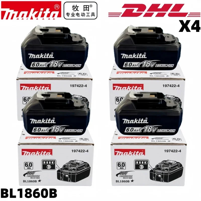 Makita BL1860 battery pack packaging, black and red DHL-branded