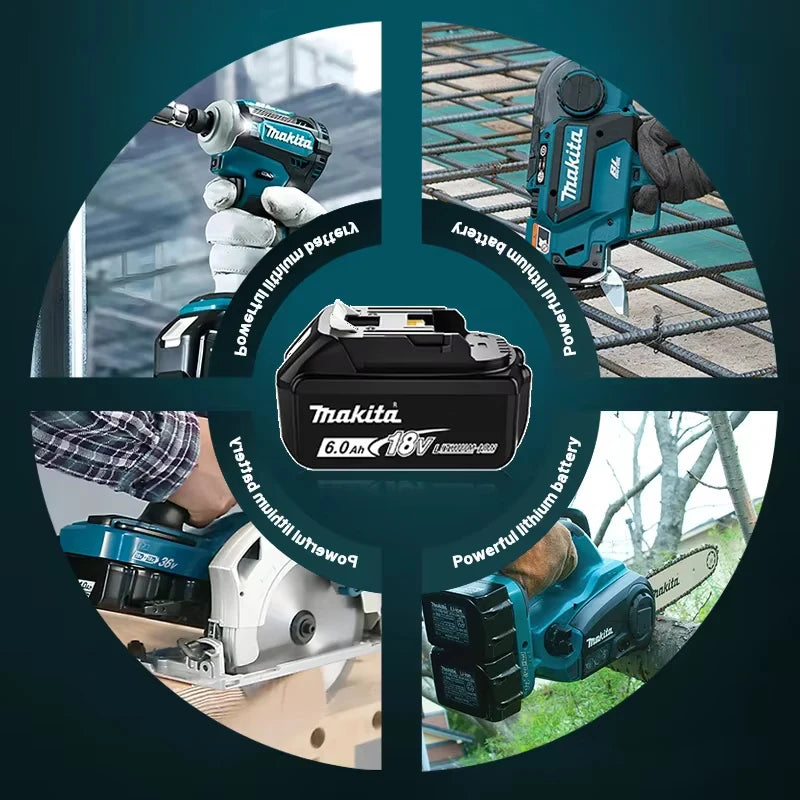 Makita BL1860 battery pack collage with multiple black and blue tools