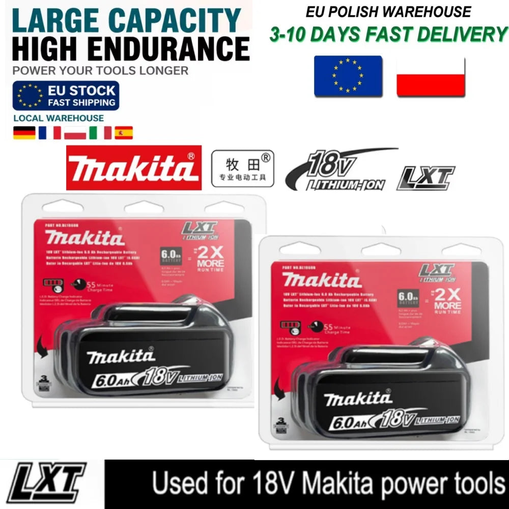 Makita 18V battery with LED indicator detail, black and red