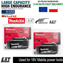 Makita 18V battery with LED indicator detail, black and red
