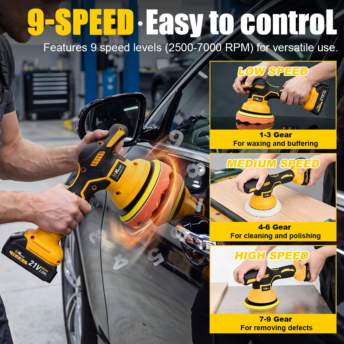 Hecus electric car polisher ergonomic grip detail, black and yellow cordless design