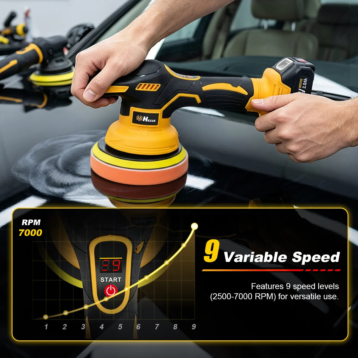 Hecus electric car polisher lifestyle use, 9-speed control in action