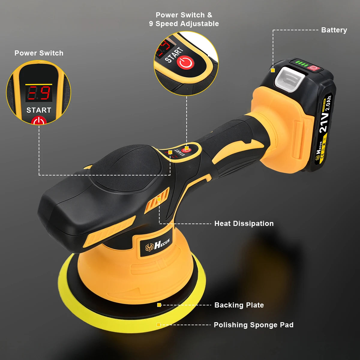 Hecus electric car polisher digital display detail, black and yellow speed control