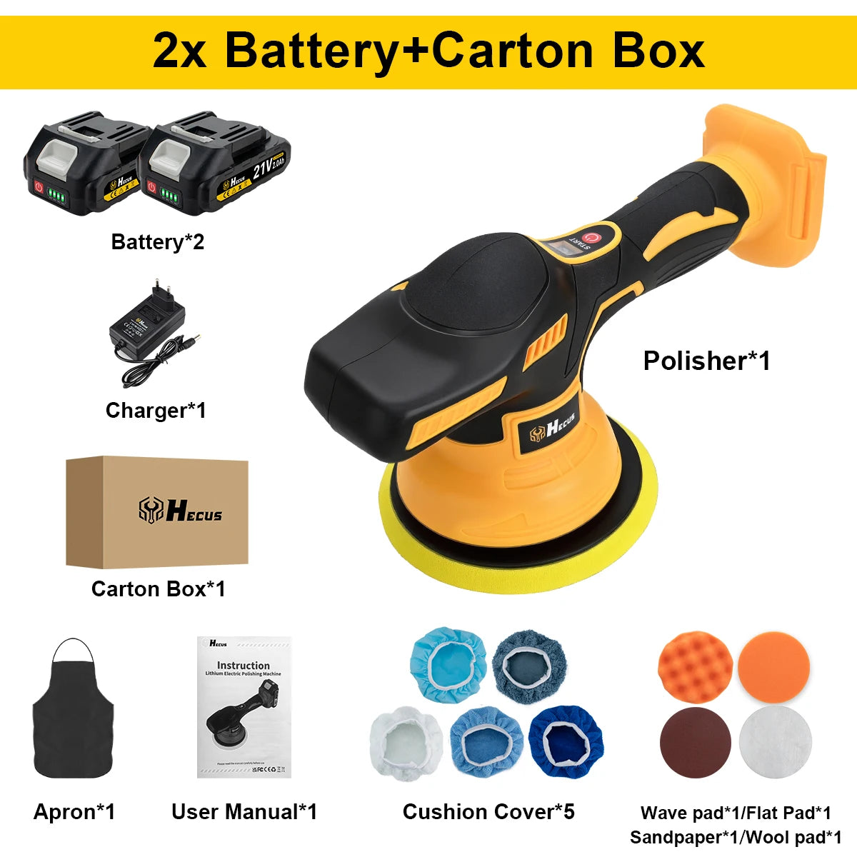 Hecus electric car polisher detail close-up with multiple attachments